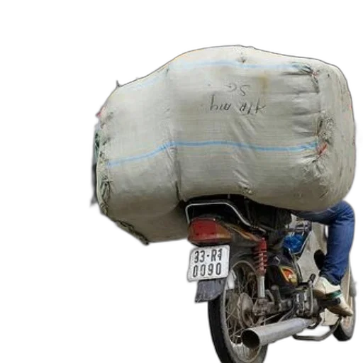 jacket, car, concept art, person, rides, heavily, loaded, motorbike transparent PNG cut-out