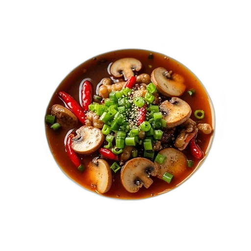 food, photorealistic, 3d render, bowl, hot, sour, soup, mushrooms transparent PNG cut-out