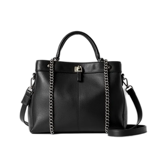 monochrome, dark, black, leather, handbag, textured, surface, chain transparent PNG cut-out
