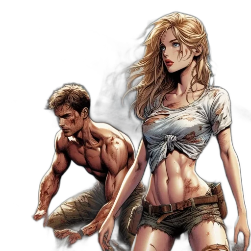 comic book art, fantasy art, concept art, photorealistic, beach, earth tones, couple, man transparent PNG cut-out