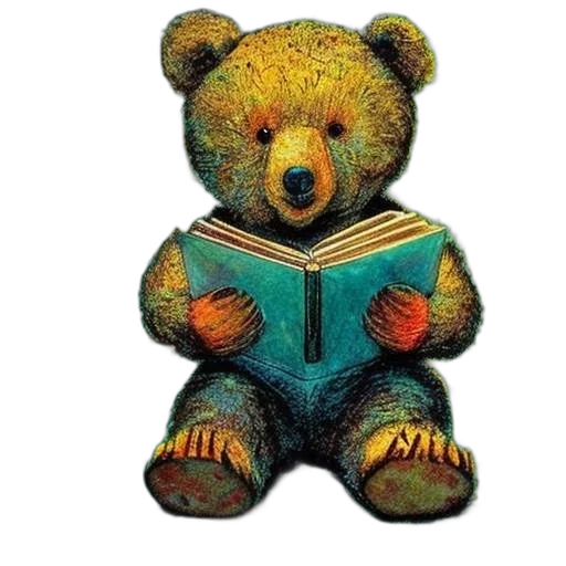 photorealistic, 3d render, teddy, bear, reads, book, surrounded, warm transparent PNG cut-out
