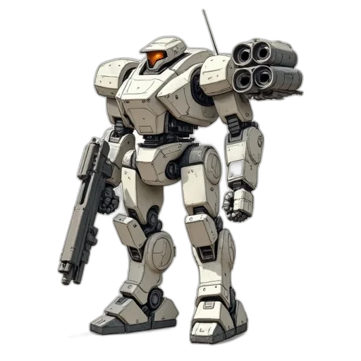 robot, weapon, concept art, 3d render, pixel art, anime, monochrome, detailed transparent PNG cut-out