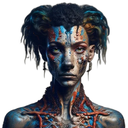 face, hair, creature, mask, concept art, cyberpunk, fantasy art, comic book art transparent PNG cut-out