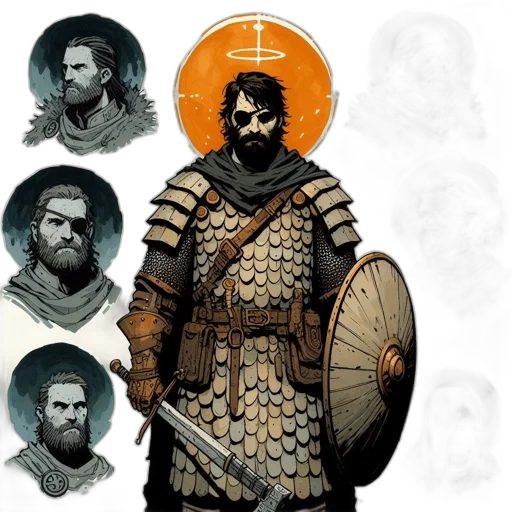 sword, concept art, fantasy art, comic book art, pixel art, earth tones, golden, monochrome transparent PNG cut-out