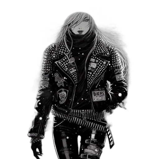 jacket, robot, comic book art, concept art, cyberpunk, fantasy art, monochrome, woman transparent PNG cut-out