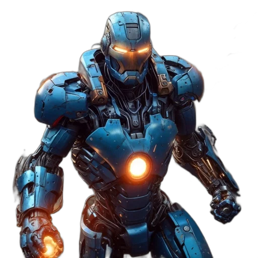 robot, weapon, concept art, 3d render, comic book art, pixel art, blue, robotic transparent PNG cut-out