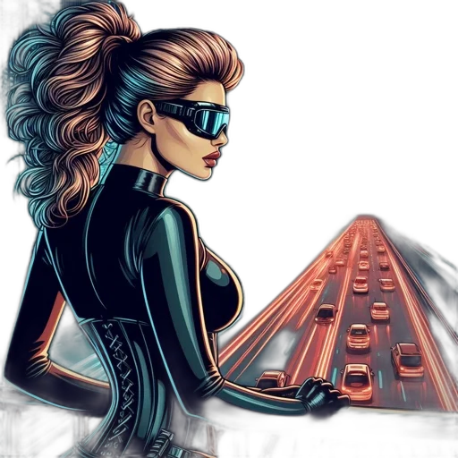 comic book art, cyberpunk, concept art, cartoon, neon lights, woman, voluminous, wavy transparent PNG cut-out