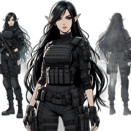 concept art, fantasy art, comic book art, pixel art, elfin, woman, long, black transparent PNG cut-out
