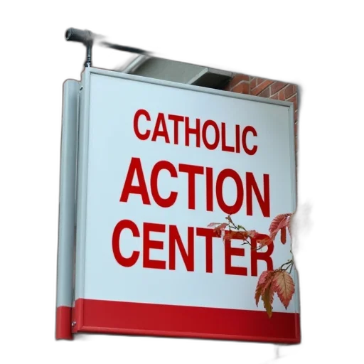 close-up, view, building, sign, reads, catholic, action, center transparent PNG cut-out
