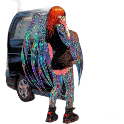 jacket, car, hair, creature, cyberpunk, concept art, vaporwave, cartoon transparent PNG cut-out