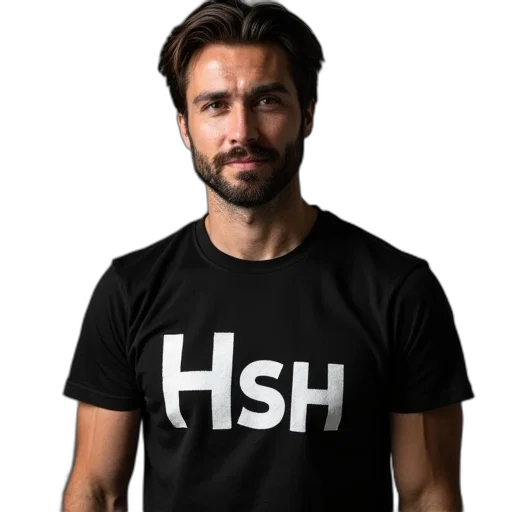 hair, man, wearing, shirt, hash, logo, front, him transparent PNG cut-out
