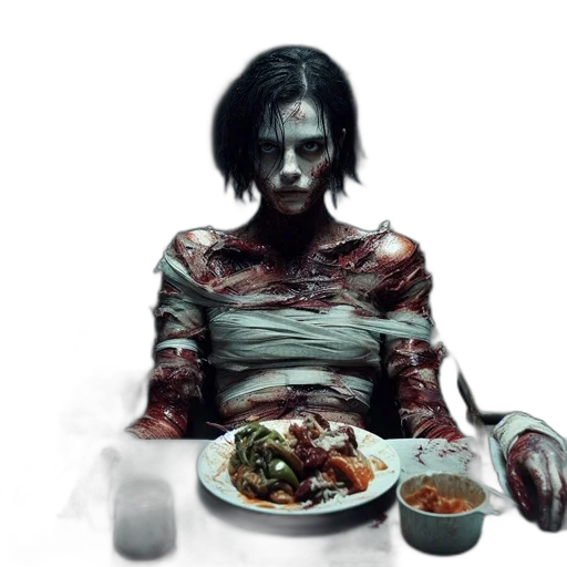 food, concept art, pixel art, comic book art, photorealistic, unsettling, scene, portrays transparent PNG cut-out