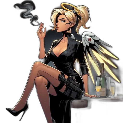 comic book art, concept art, cartoon, fantasy art, woman, black, outfit, halo-style transparent PNG cut-out