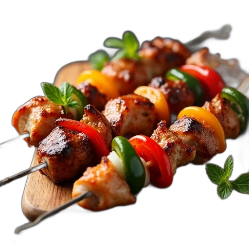 food, 3d render, photorealistic, wooden, cutting, board, variety, skewers transparent PNG cut-out
