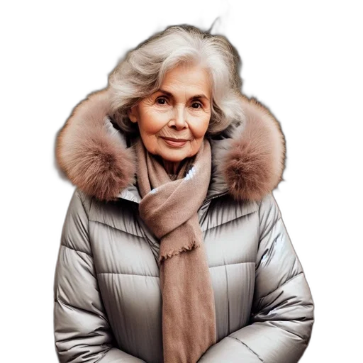 jacket, face, jewelry, animal, photorealistic, elderly, woman, clad transparent PNG cut-out