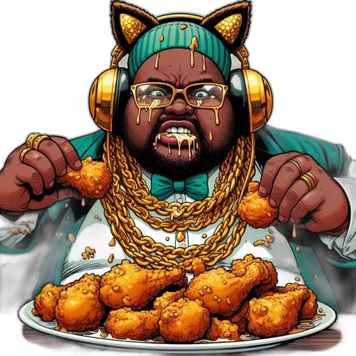 food, cartoon, man, enjoying, fried, chicken, headphones, turquoise transparent PNG cut-out