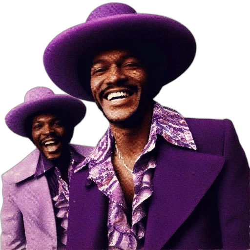 hat, jacket, two, men, striking, purple, attire, share transparent PNG cut-out