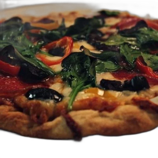 food, 3d render, delicious-looking, pizza, spinach, olives, peppers, cheese transparent PNG cut-out
