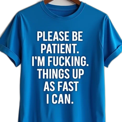 blue, t-shirt, phrase, please, patient, fucking, things, fast transparent PNG cut-out