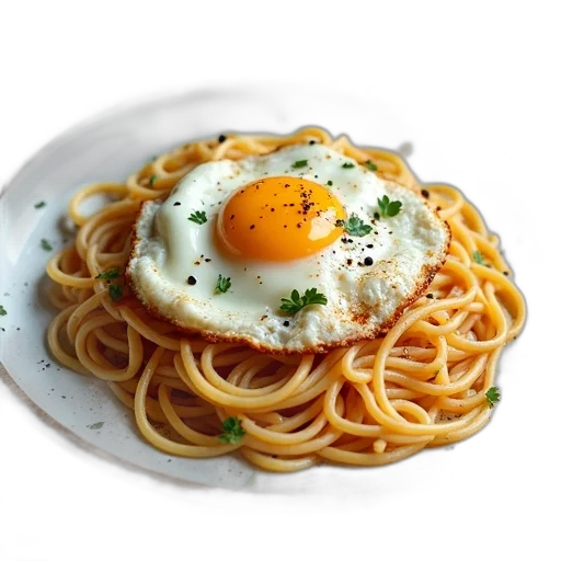 food, photorealistic, 3d render, plate, spaghetti, fried, egg, top transparent PNG cut-out