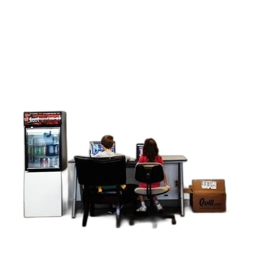 furniture, staff, 3d render, two, children, sit, table, computers transparent PNG cut-out