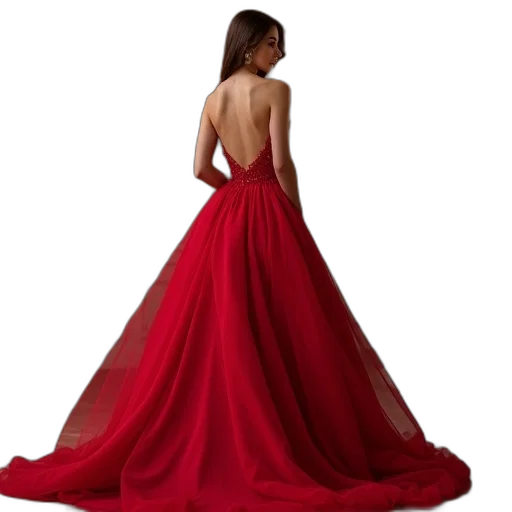dress, photorealistic, concept art, red, trumpet, gown, sheathy, backless transparent PNG cut-out