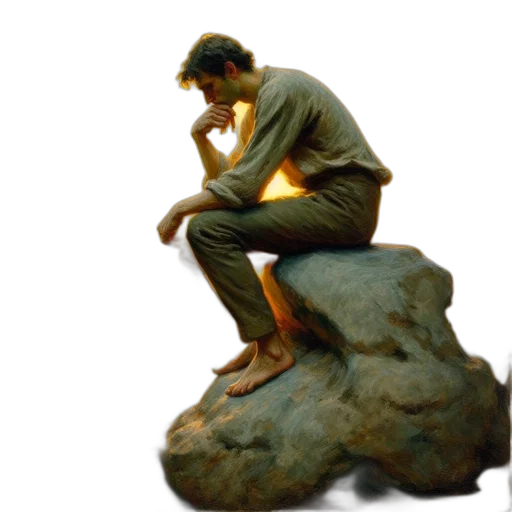photorealistic, 3d render, concept art, oil painting, man, contemplates, sea, during transparent PNG cut-out