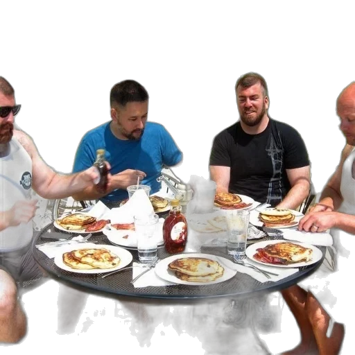 food, staff, 3d render, four, men, enjoying, meal, pancakes transparent PNG cut-out