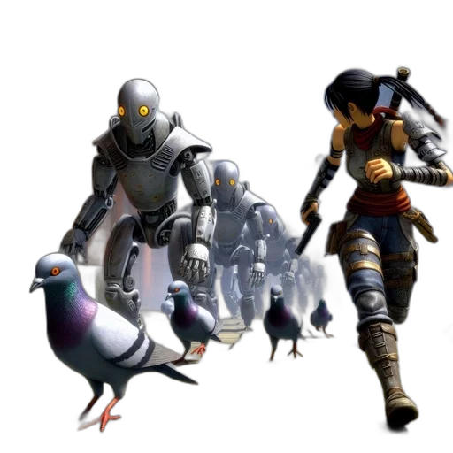 robot, weapon, concept art, 3d render, fantasy art, female, figure, runs transparent PNG cut-out