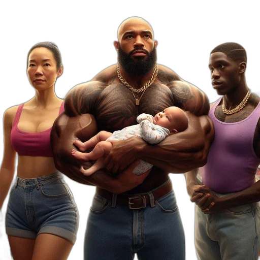 concept art, muscular, tattooed, man, baby, his, arms, woman transparent PNG cut-out