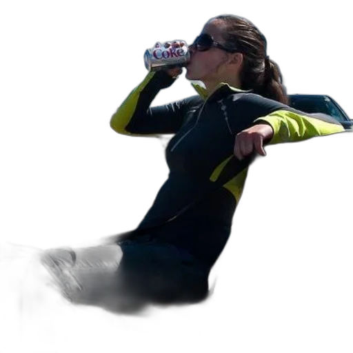 bottle, underwater, woman, black, yellow, jacket, sitting, bench transparent PNG cut-out