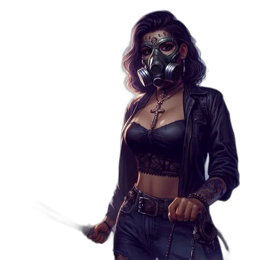 mask, concept art, comic book art, fantasy art, cyberpunk, dark, woman, donning transparent PNG cut-out