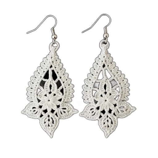 jewelry, pair, white, crochet, earrings, floral, pattern, displayed transparent PNG cut-out