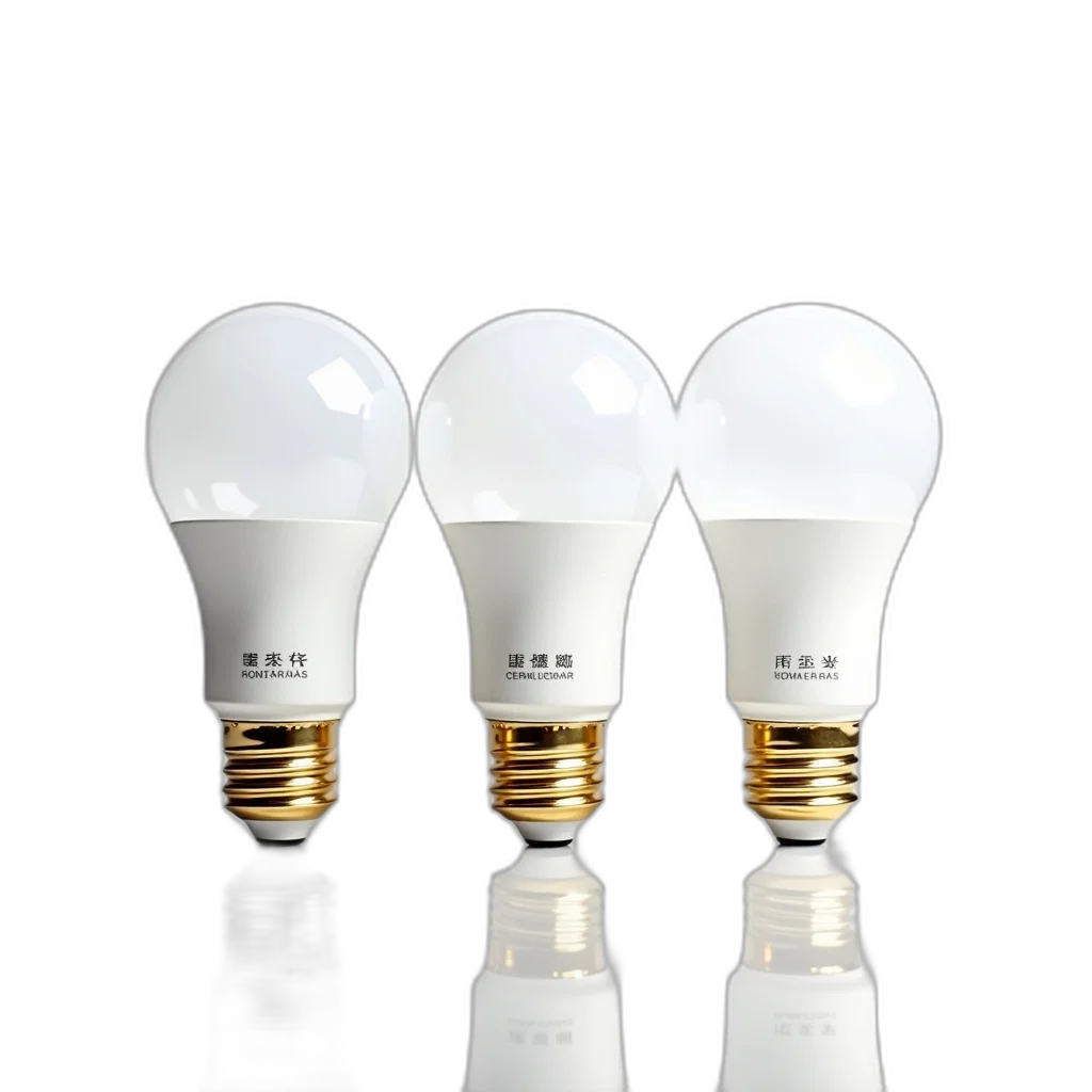 3d render, three, white, led, bulbs, gold, base, displayed transparent PNG cut-out