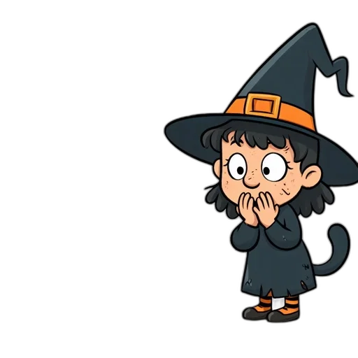 hat, staff, cartoon, concept art, young, witch, her, surprised transparent PNG cut-out