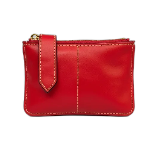 red, leather, wallet, visible, stitching, detail, gold, zipper transparent PNG cut-out