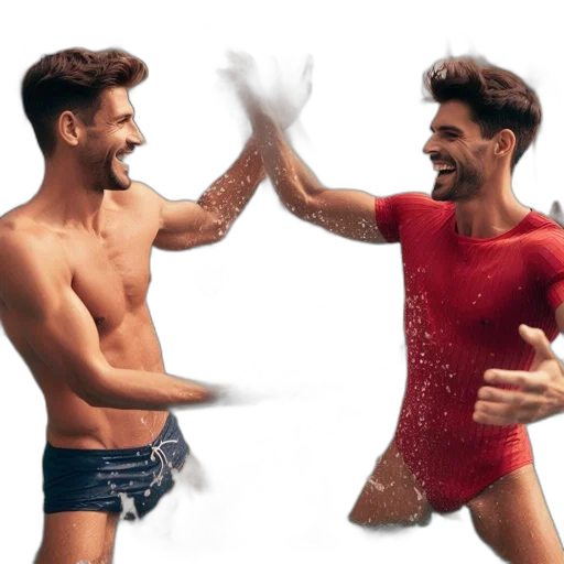two, men, colored, swimsuits, frolic, playfully, splash, water transparent PNG cut-out