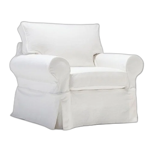 furniture, 3d render, white, slipcovered, armchair, rolled, back, skirted transparent PNG cut-out