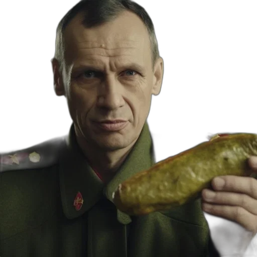 food, weapon, staff, face, photorealistic, serious-looking, man, military transparent PNG cut-out