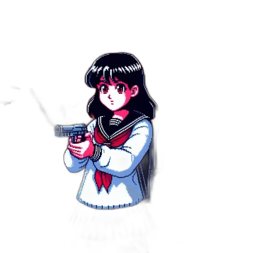 weapon, staff, jacket, robot, anime, pixel art, concept art, vaporwave transparent PNG cut-out