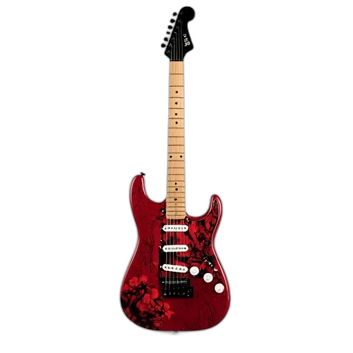 3d render, photorealistic, red, electric, guitar, white, pickguard, black transparent PNG cut-out
