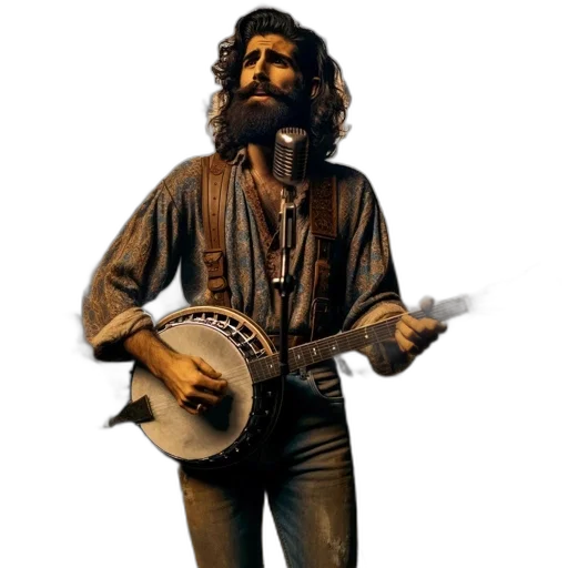 jacket, concept art, man, beard, plays, banjo, sings, into transparent PNG cut-out