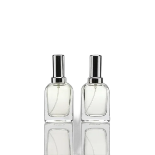 bottle, 3d render, two, identical, glass, perfume, bottles, silver transparent PNG cut-out