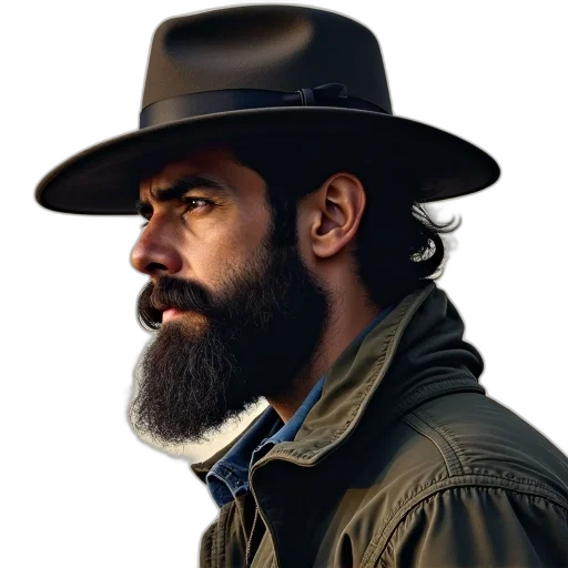 hat, jacket, face, photorealistic transparent PNG cut-out