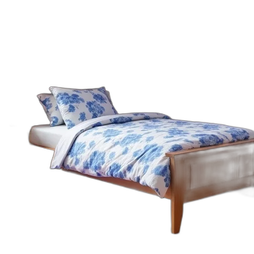 furniture, 3d render, photorealistic, blue, wooden, bed, white, floral transparent PNG cut-out