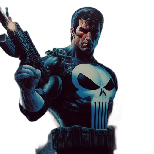 weapon, comic book art, concept art, punisher, stands, front, ruined, city transparent PNG cut-out