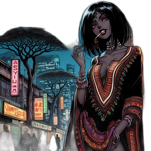comic book art, concept art, cyberpunk, fantasy art, city street, neon lights, dark, urban transparent PNG cut-out
