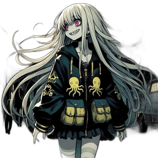 jacket, mask, staff, pixel art, concept art, anime, cartoon, monochrome transparent PNG cut-out