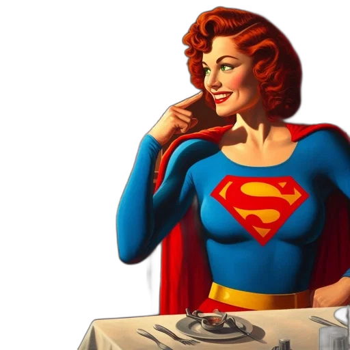 comic book art, woman, red, hair, wearing, superman, outfit, sits transparent PNG cut-out