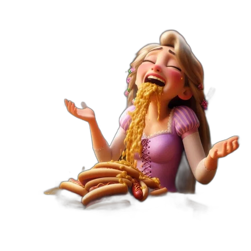 food, 3d render, animated, rapunzel, figure, catches, flying, hotdogs transparent PNG cut-out